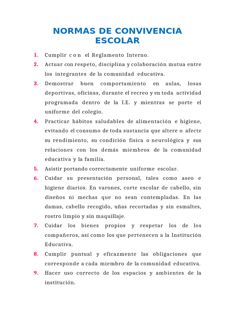 Normas de Convivencia Escolar Esenciales | PDF | Higiene | Institución