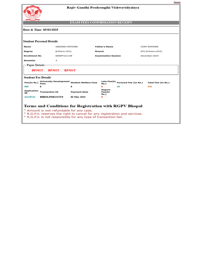 HTTPSWWW RGPV Ac instudentLifeExamFees Aspx | PDF