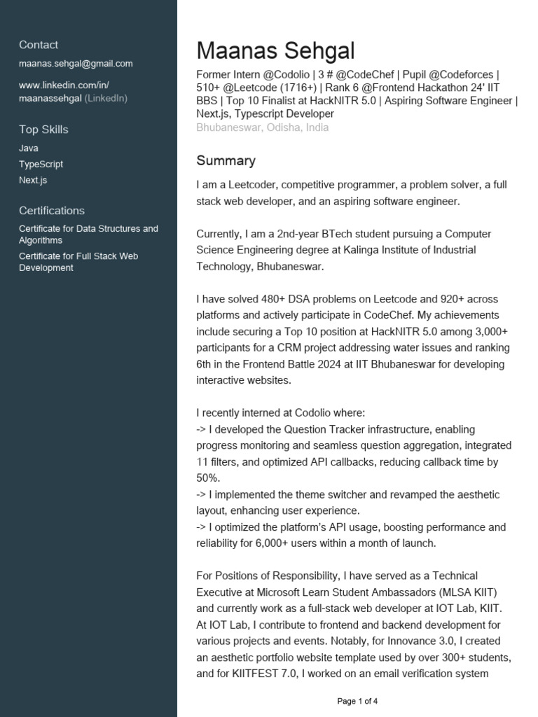Maanas Sehgal: Codolio Developer Profile | PDF | Web Development | Java ...
