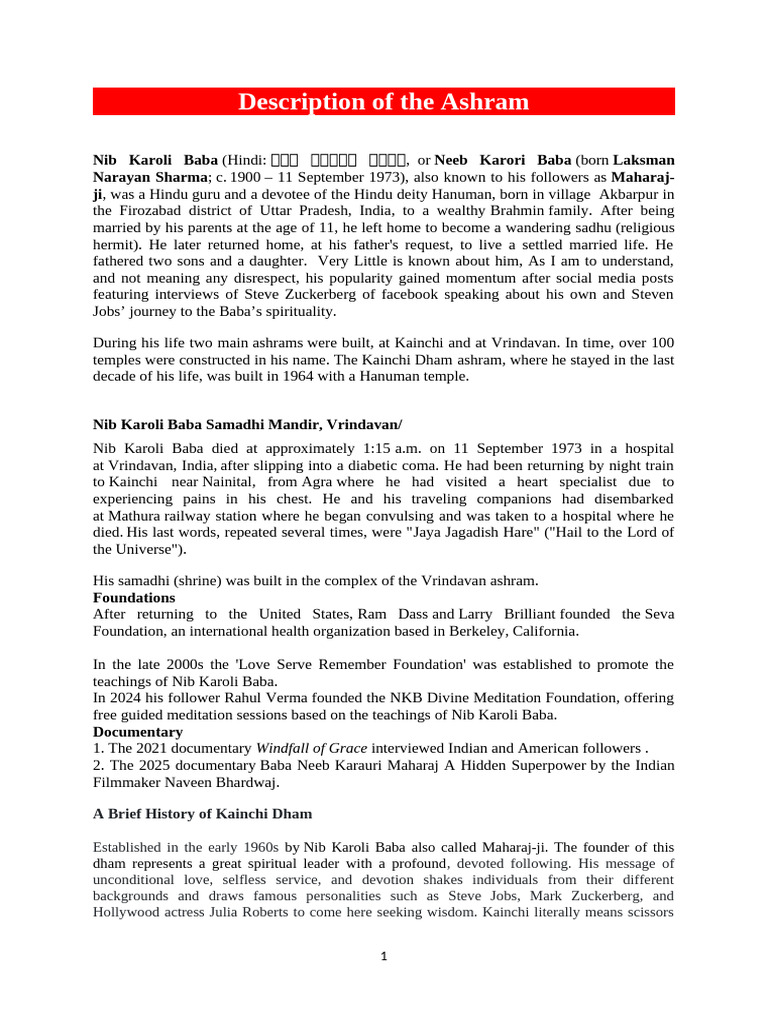 Description of The Ashram of Nib Karoli Baba in Kainchi Dham | PDF ...