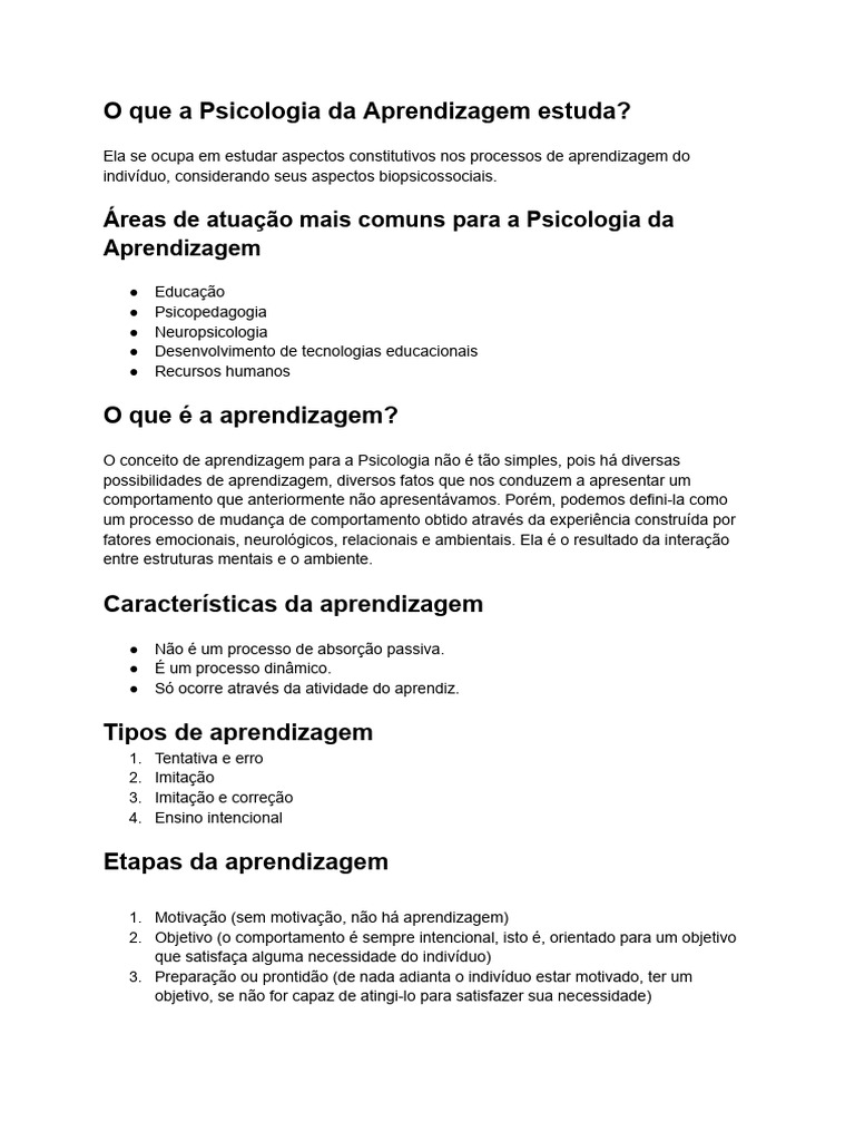 Psicologia da Aprendizagem: Conceitos e Tipos | PDF | Aprendizado ...
