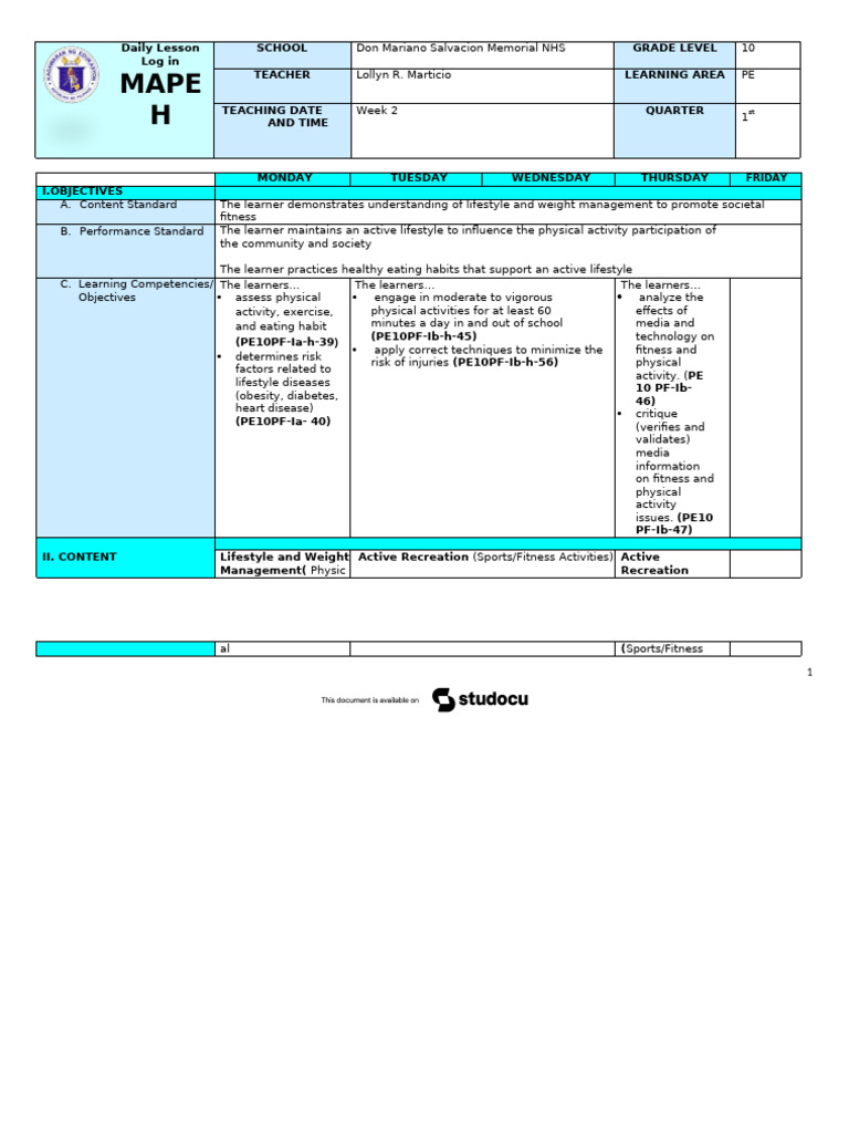 Grade 10 PE Lesson Plan: Week 2 | PDF | Physical Fitness | Physical ...