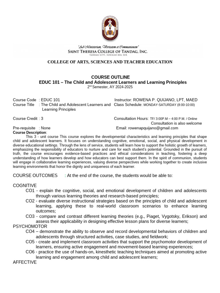 EDUC 101: Child & Adolescent Learning | PDF | Learning | Education Theory