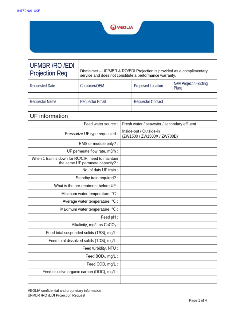 UF/MBR/RO/EDI Projection Request Form | PDF | Chlorine | Calcium