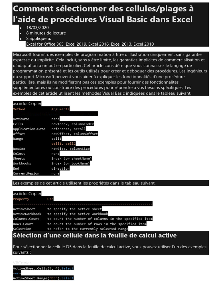 Comment Sélectionner Des Cellules - Plages À L'aide de Procédures ...