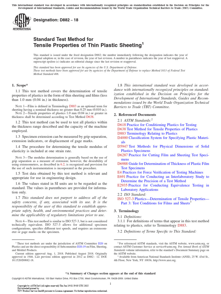 ASTM D882-18: Tensile Testing of Plastics | PDF | Strength Of Materials ...