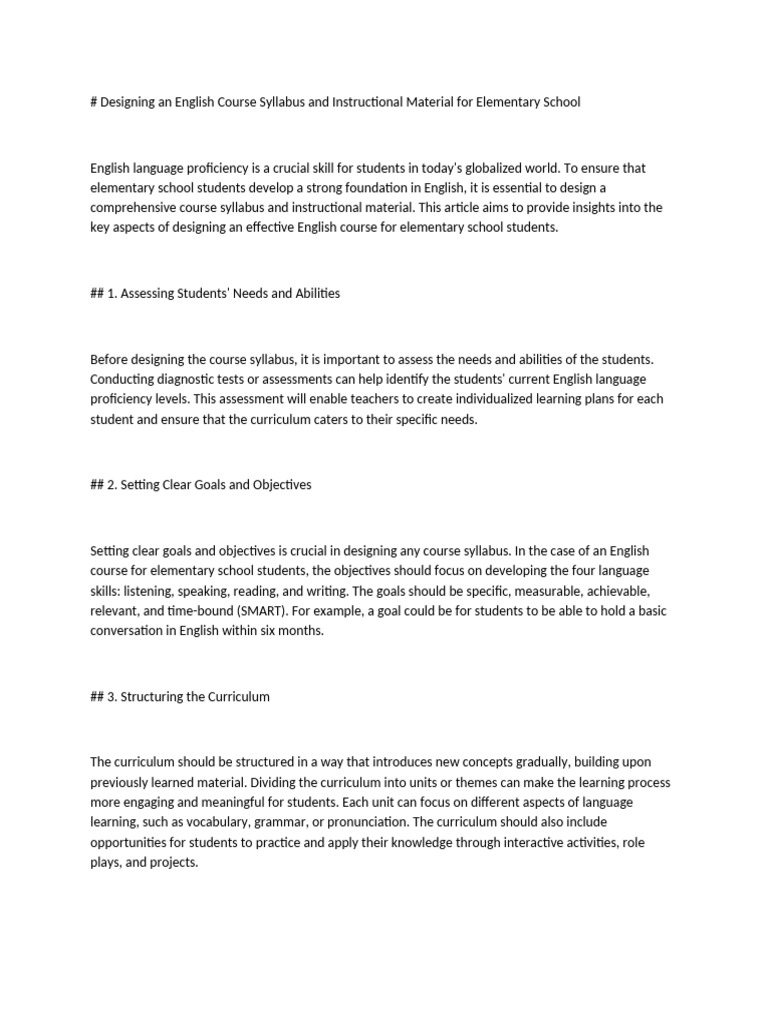 English Course Syllabus for Elementary Students | PDF | Curriculum ...