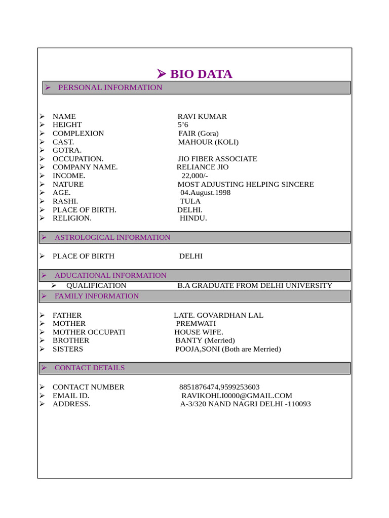 Bio Data of Ravi Kumar, Jio Associate | PDF