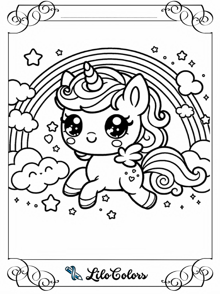 Dibujo Unicornio Kawaii Arcoiris para Colorear | PDF