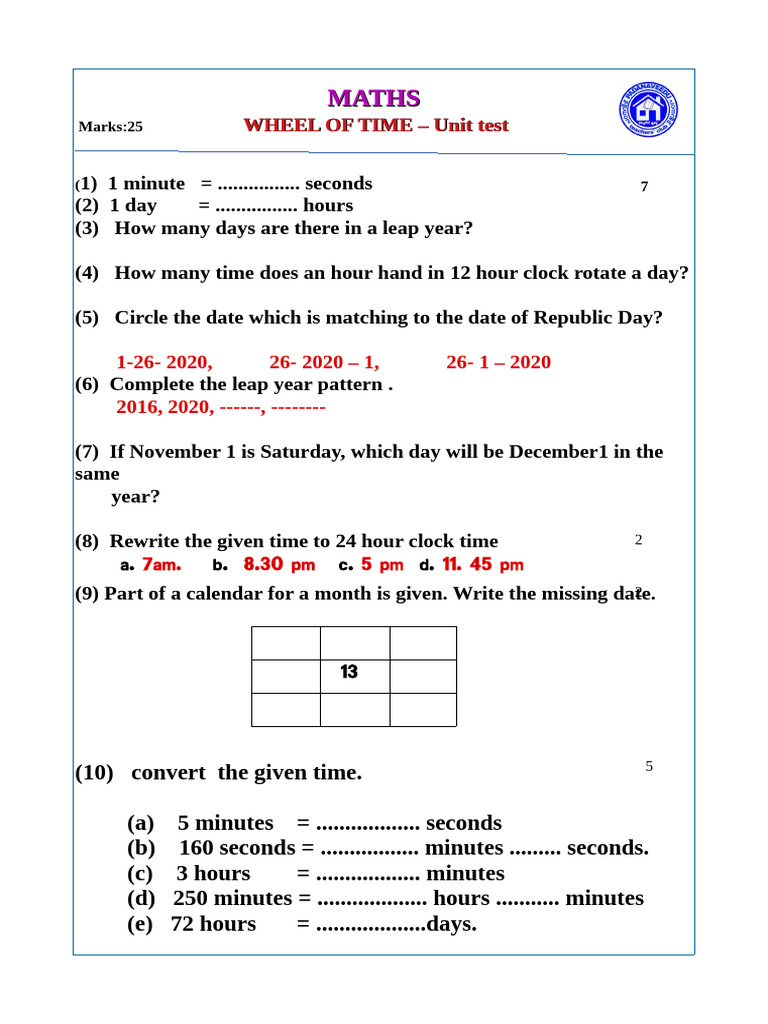 Time Measurement Worksheet for Students | PDF