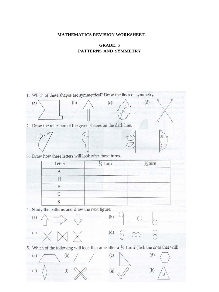 Patterns and Symmetry Worksheet Grade 5 | PDF