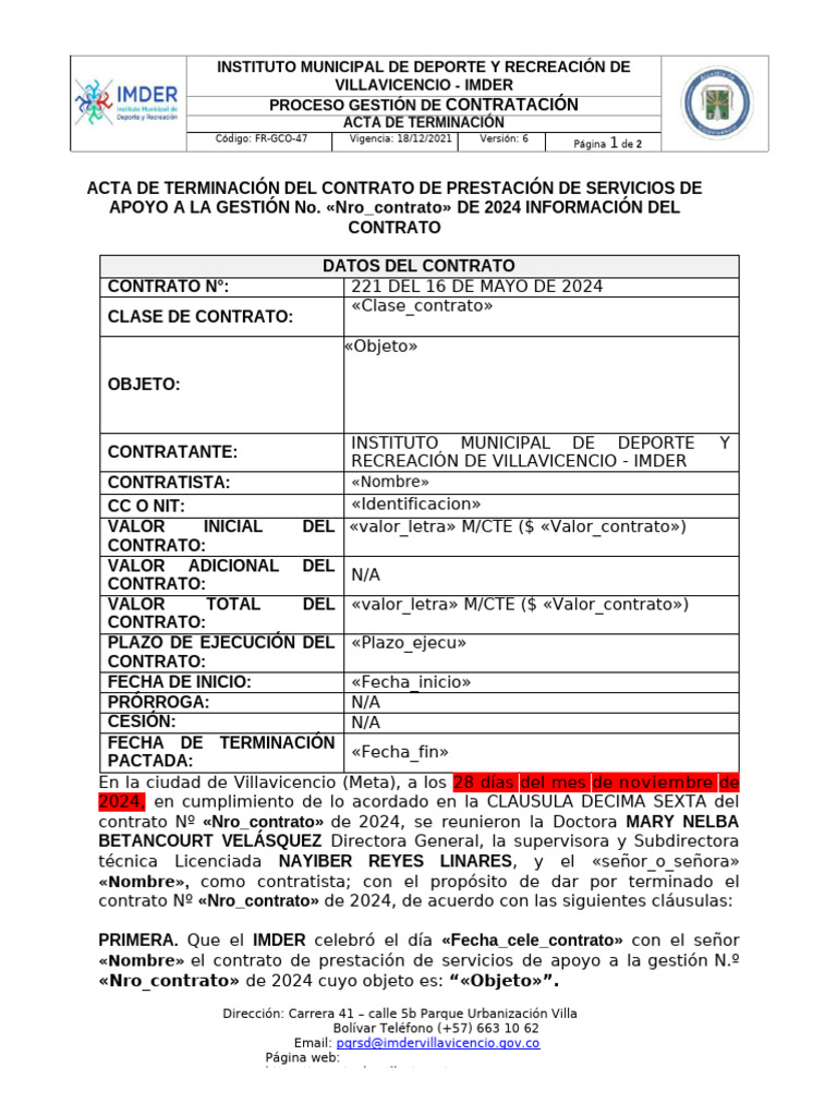 Acta de Terminación de Contrato IMDER | PDF