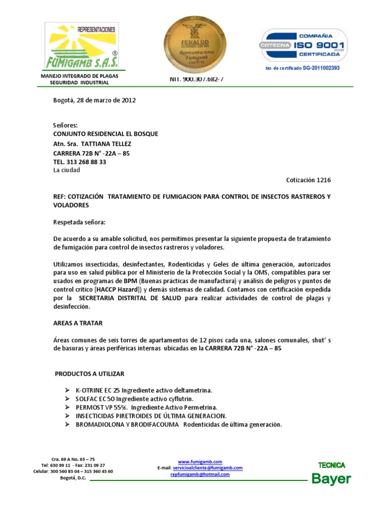 1216 COTIZACION CONTROL DE PLAGAS Conjunto Residencial El Bosque PDF | de plagas | Plaga (organismo)