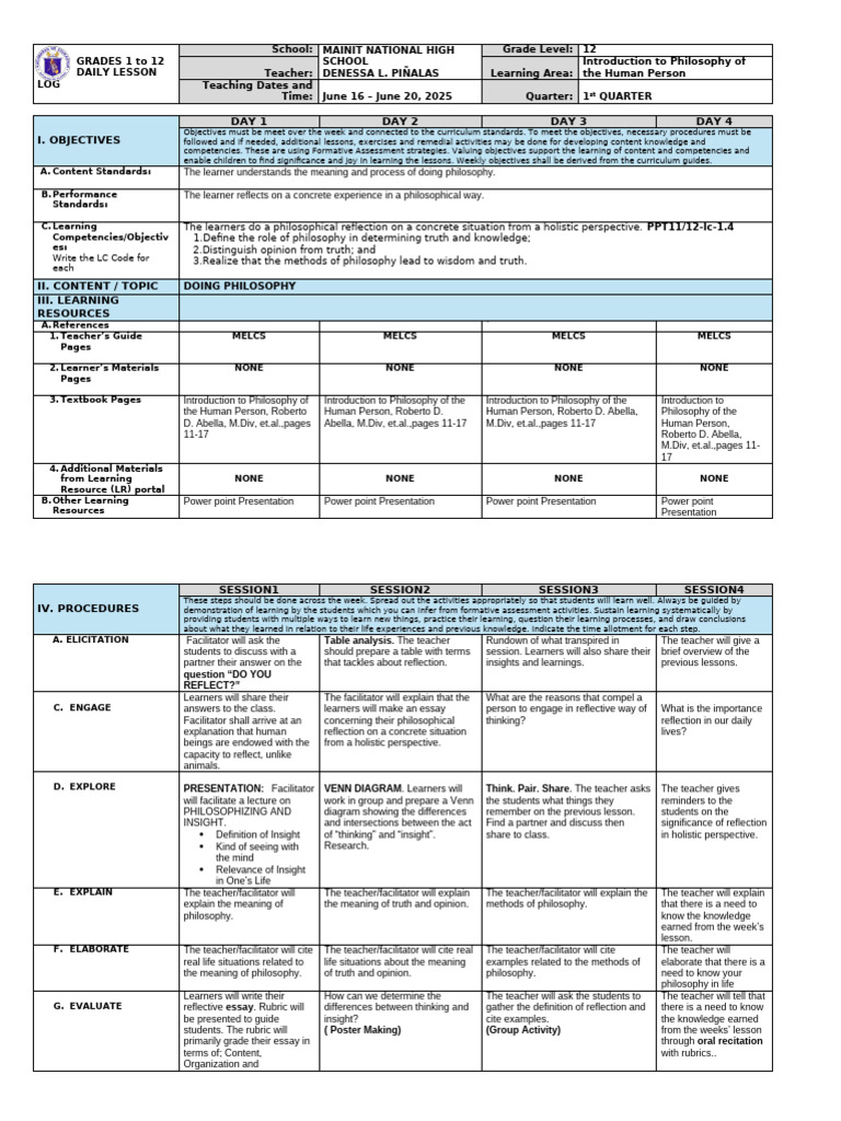 Daily Lesson Log: Philosophy Grade 12 | PDF | Learning | Teachers