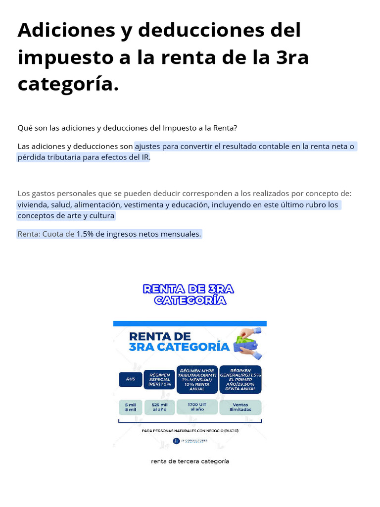 Adiciones y Deducciones Del Impuesto A 3ra Categoría PDF | PDF