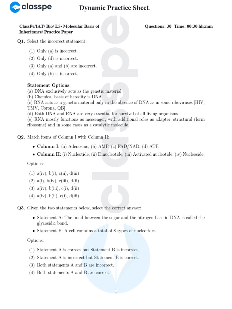 ClassPeIAT Bio L5 Molecular Basis of Inheritance Practice Paper | PDF ...