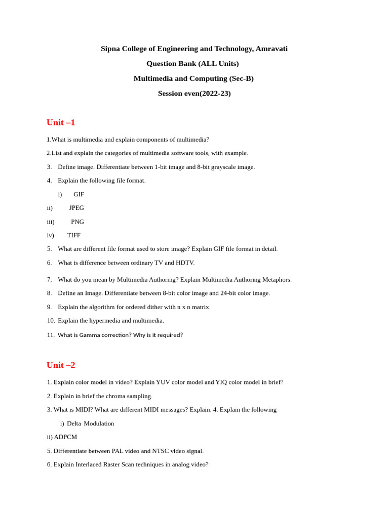 Multimedia and Computing Question Bank | PDF | Data Compression | Video
