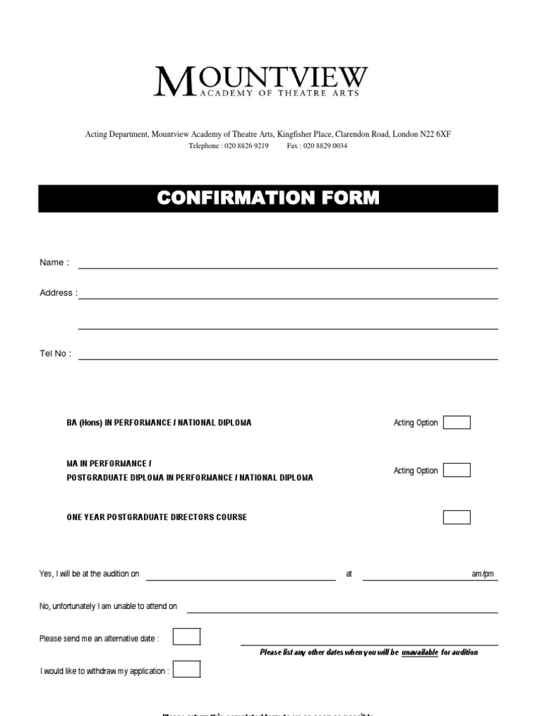 Mountview Academy Audition Confirmation Form | PDF | Sports ...