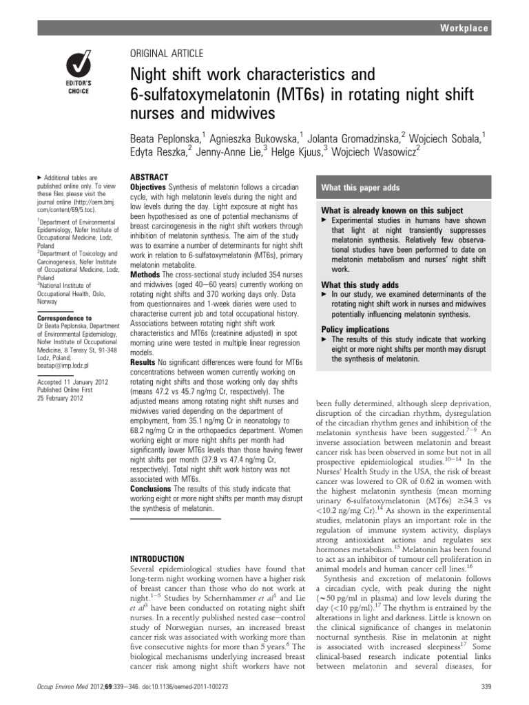 Night Shift Work and Melatonin Levels | PDF | Menopause | Shift Work