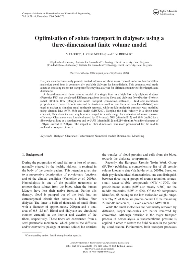 Dialyser Solute Transport Optimization | PDF | Viscosity | Fluid Dynamics