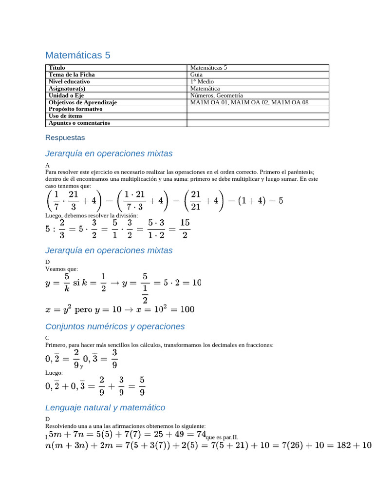 Matemáticas 5 Respuestas | PDF