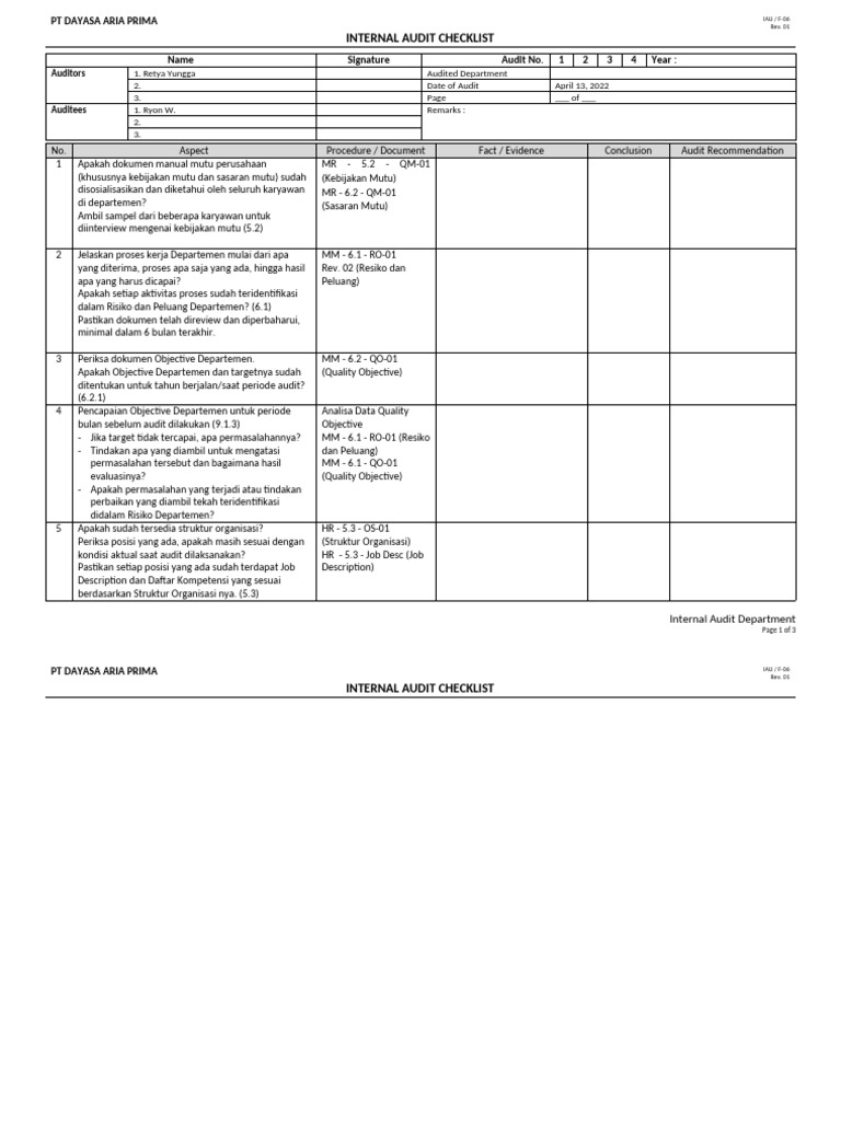 Checklist Audit Internal PT Dayasa Aria | PDF