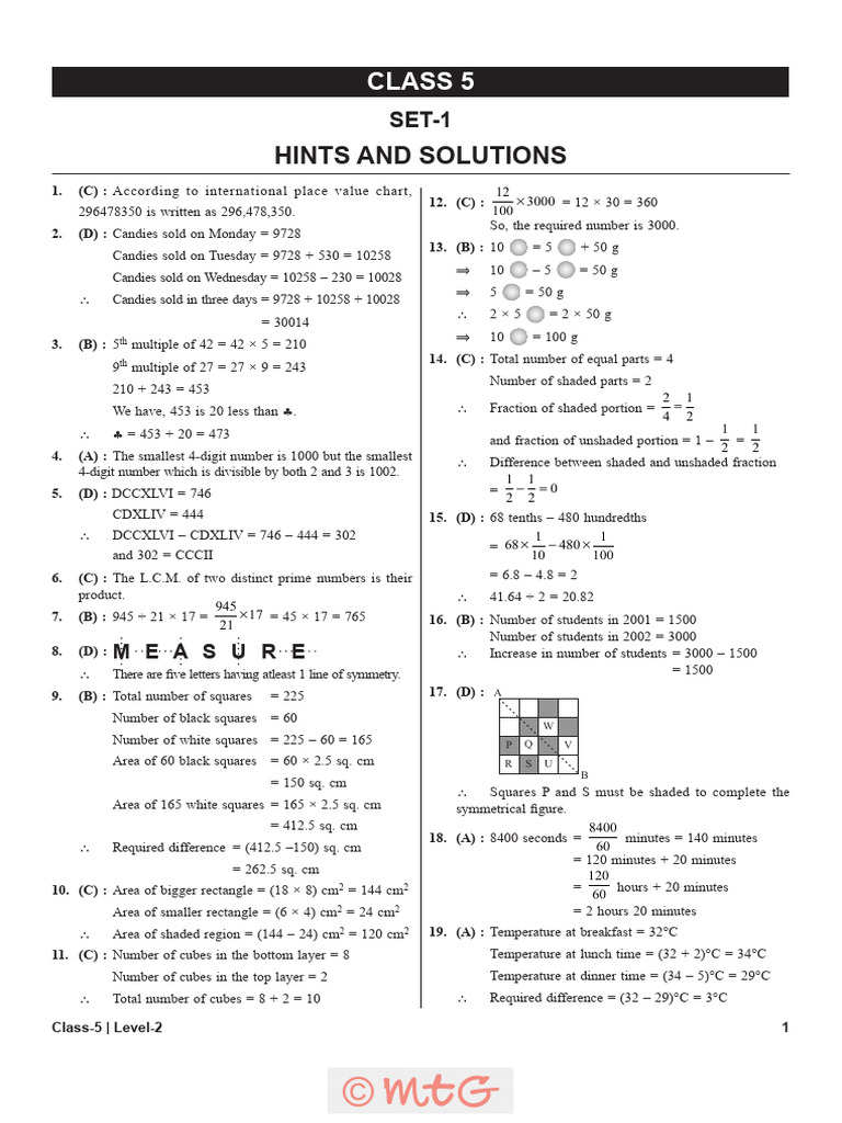 Imo Level2 Solution Class 5 Set 1 | PDF | Area | Geometry