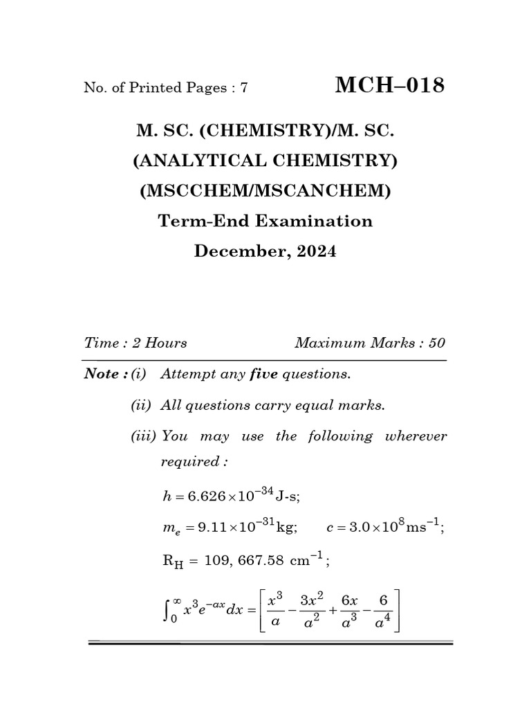 Quantum Chemistry Exam MCH-018 | PDF | Schrödinger Equation | Atomic ...