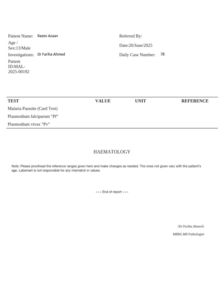 Malaria Antigen Test Report for Raees Azaan | PDF