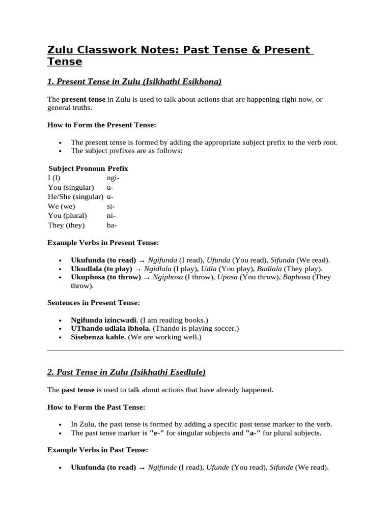Zulu Classwork Notes | PDF | Grammatical Tense | Subject (Grammar)