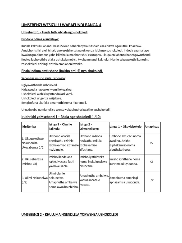 Umsebenzi Wokubhala NgoShokoledi | PDF