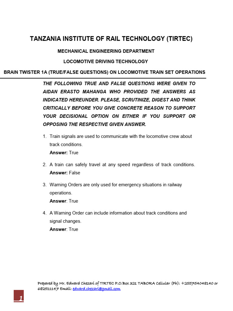 Locomotive Driving True/False Quiz | PDF | Train | Railway Safety