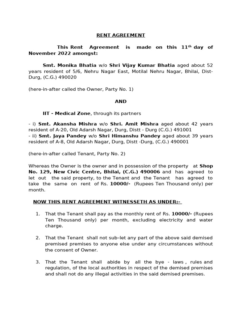Bhilai Rent Agreement for Commercial Property | PDF | Leasehold Estate ...