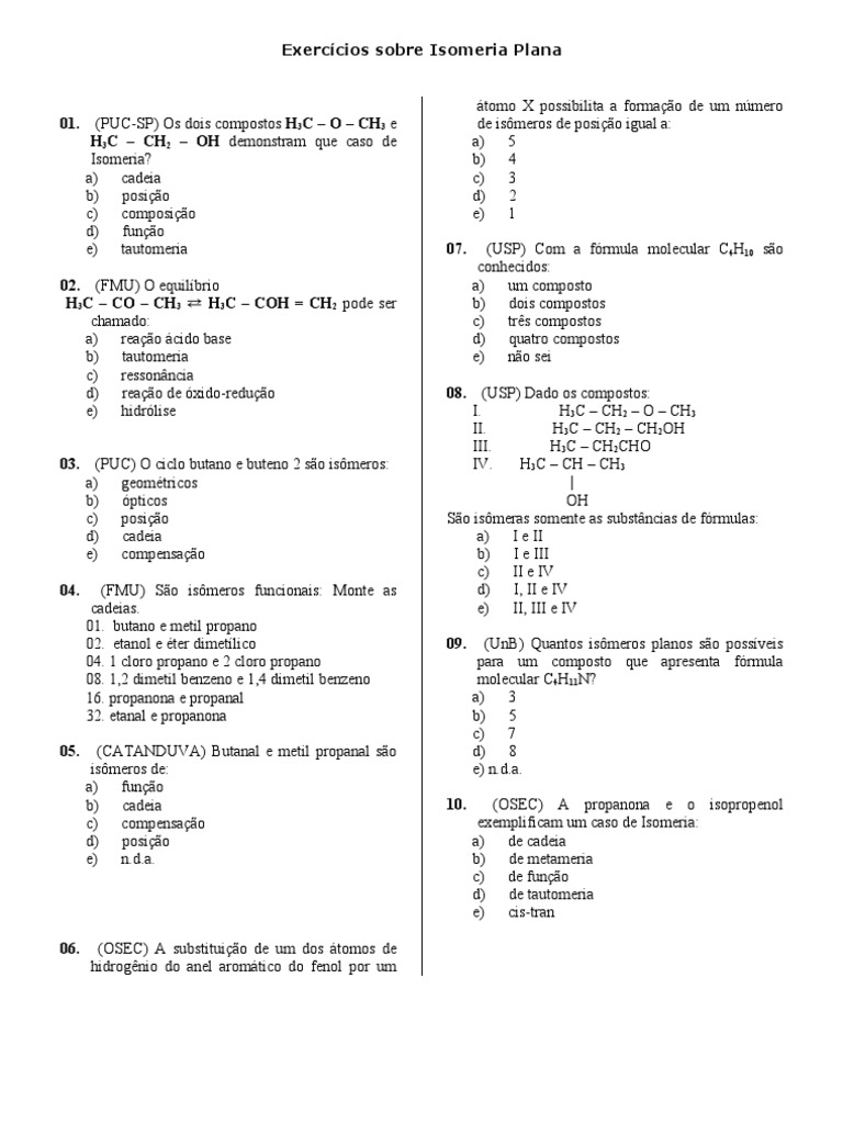 Exercícios de Isomeria Plana | PDF | Isômero | Carbono