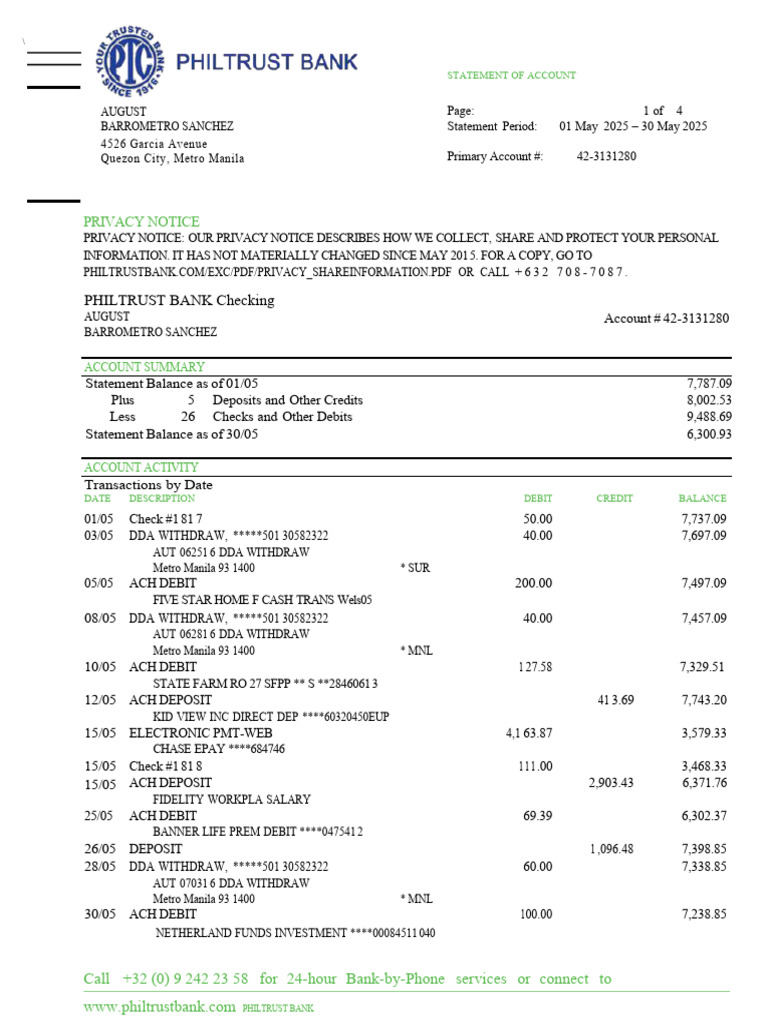 PhitrustBank Statement 1280 | PDF | Overdraft | Banks