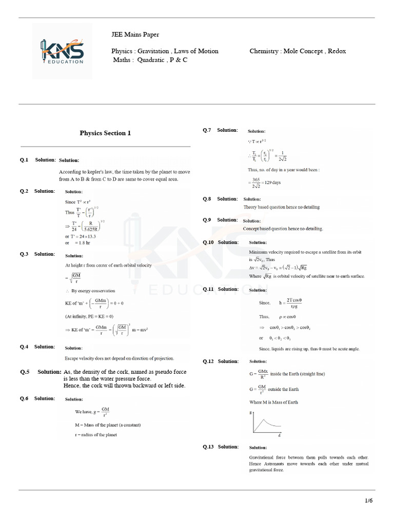 JEE Mains Paper Solutions Overview | PDF | Force | Mechanical Engineering