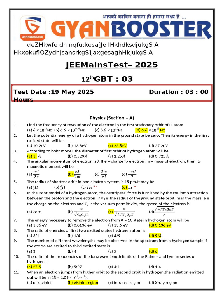 JEEMains 2025 Physics Chemistry Math Test | PDF | Electron | Atoms