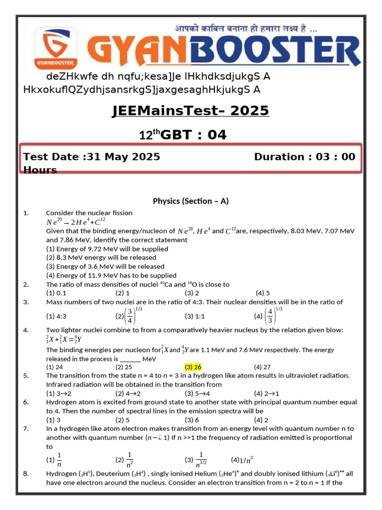JEE Test GBT 3 (31-05-2025) | PDF | Reaction Rate | Atoms