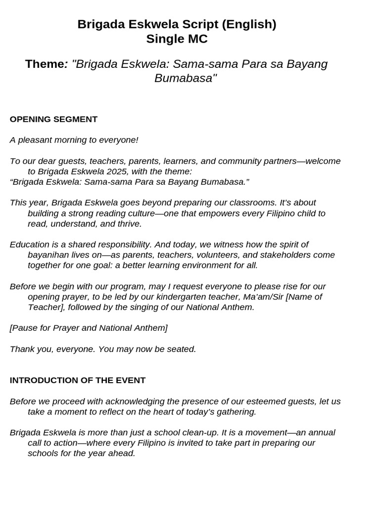 Brigada Eskwela 2025 MC Script | PDF | Learning