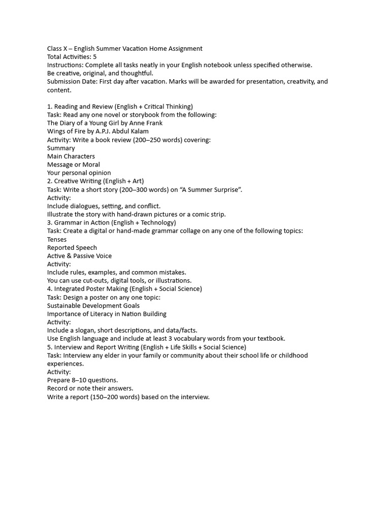 Class X English Summer Assignment Guide | PDF