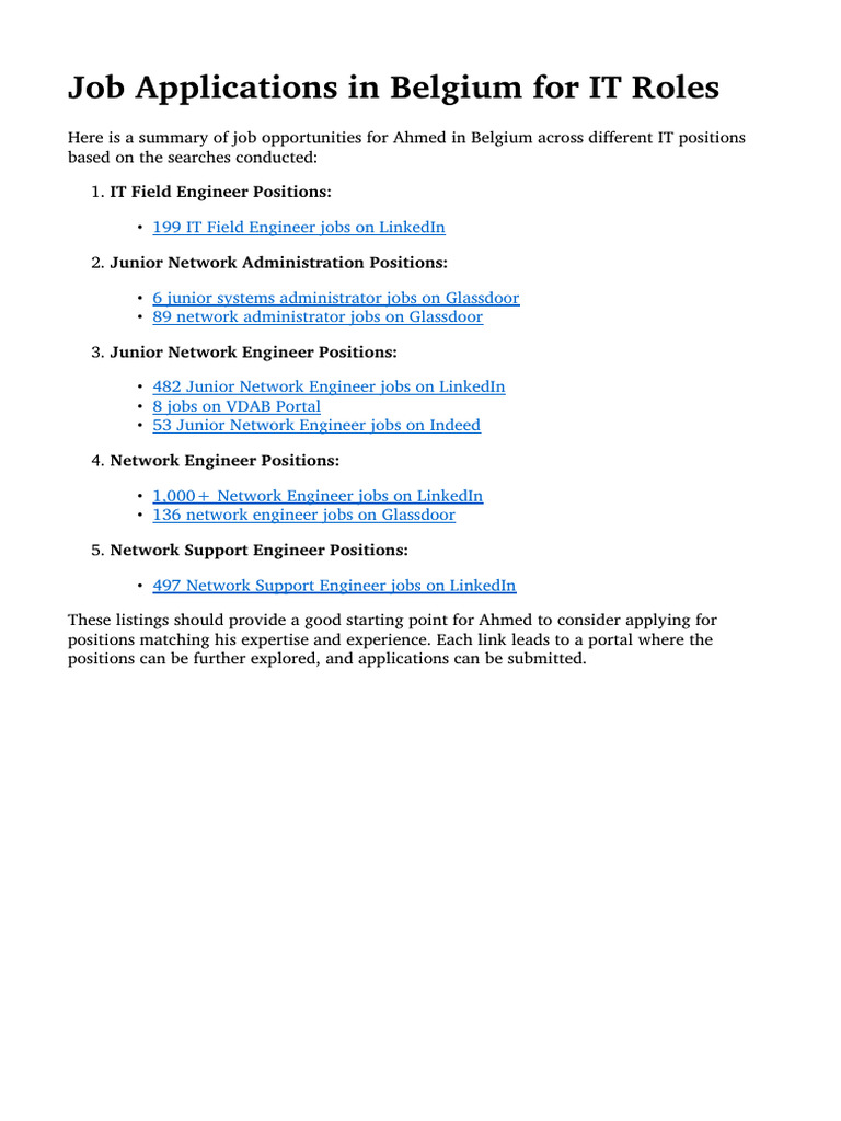 Job Applications in Belgium For IT Roles - Answer | PDF