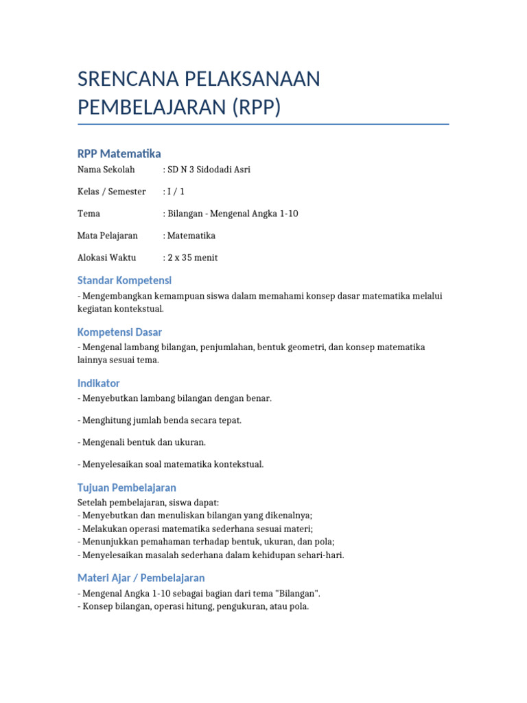 RPP Matematika Kelas 1: Bilangan dan Ukuran | PDF