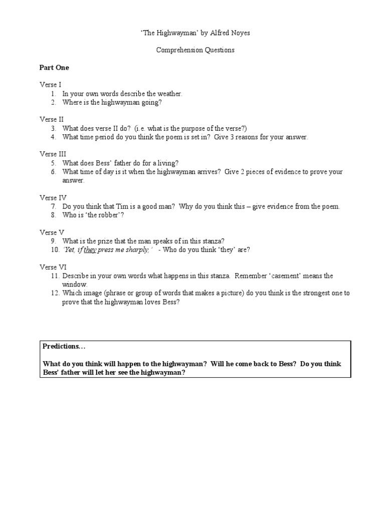 worksheet The Highwayman Worksheet the highwayman comp qs poetry