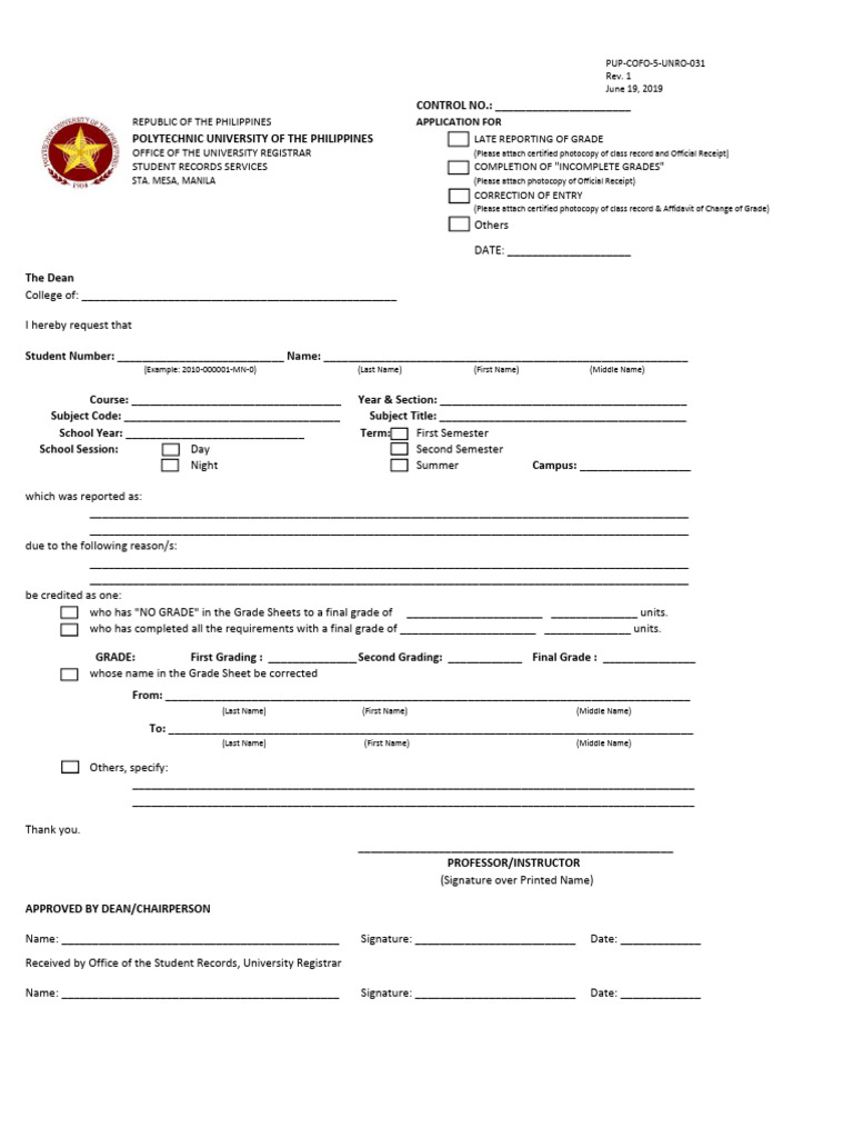 PUP Application for Grade Correction | PDF