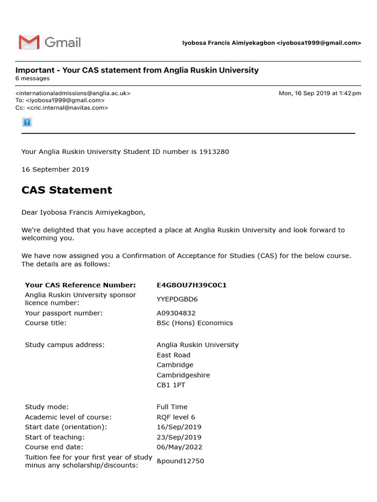 CAS Confirmation for Anglia Ruskin University | PDF