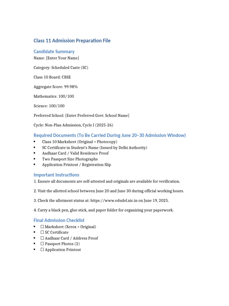 Class 11 Admission Preparation File SC 2025 | PDF