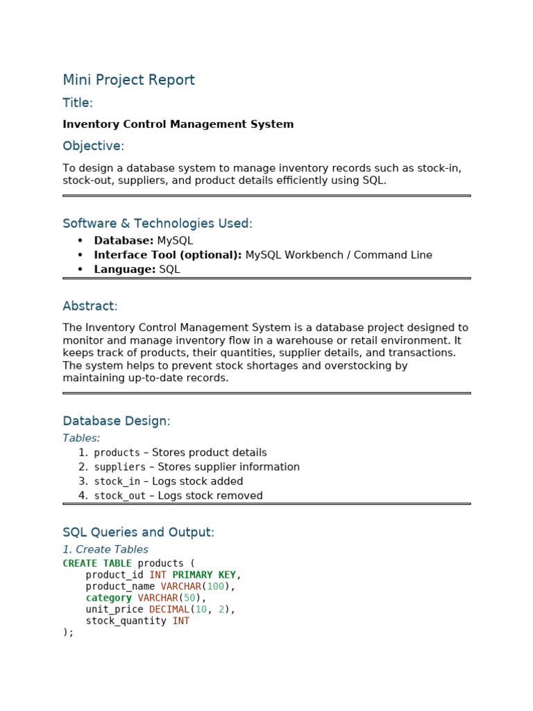 SQL Inventory Management System Report | PDF | Databases | My Sql
