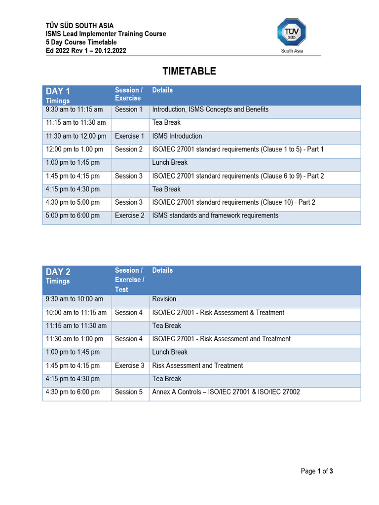 PRTG - TT - Iso 27000 - 2022 Isms Li 5d Timetable | PDF
