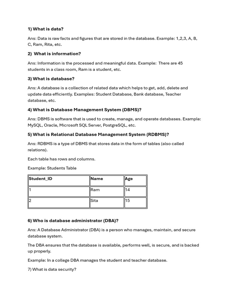 Notes Questions and Answers Definition | PDF | Databases | Relational ...