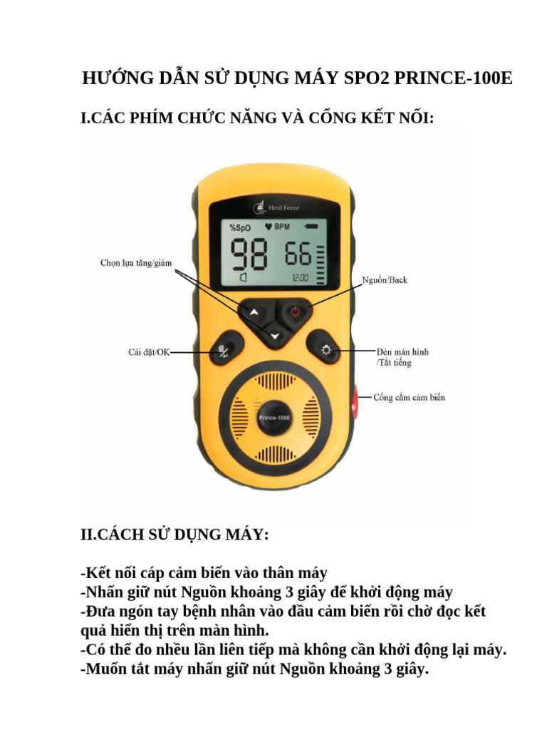 Hướng Dẫn Sử Dụng Máy Spo2 Prince | PDF